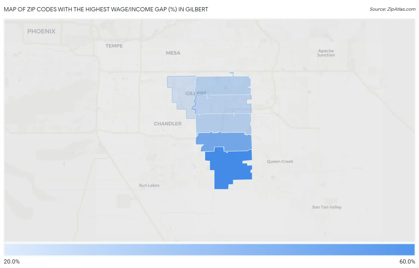 Zip Codes with the Highest Wage/Income Gap (%) in Gilbert Map