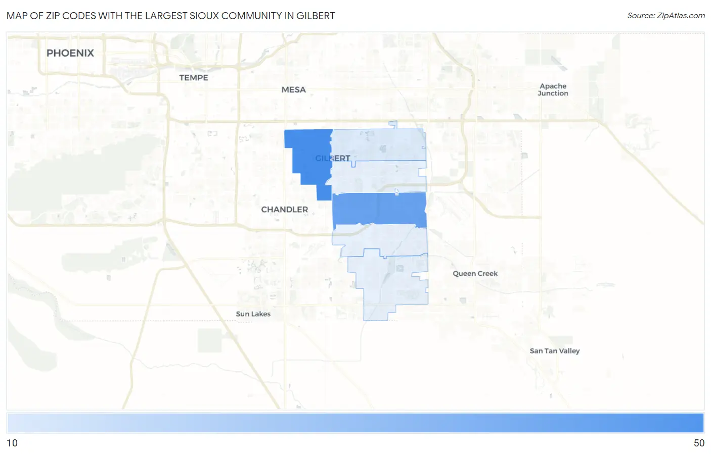 Zip Codes with the Largest Sioux Community in Gilbert Map