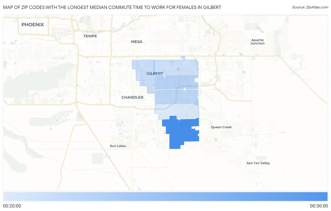 Zip Codes with the Longest Median Commute Time to Work for Females in Gilbert Map