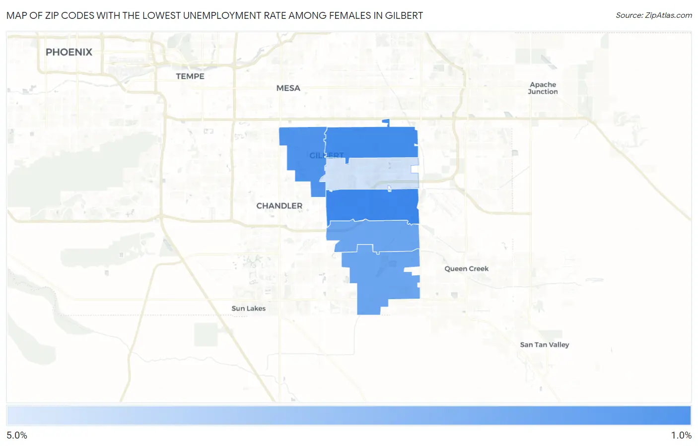Zip Codes with the Lowest Unemployment Rate Among Females in Gilbert Map