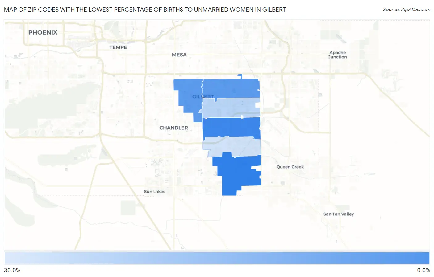 Zip Codes with the Lowest Percentage of Births to Unmarried Women in Gilbert Map