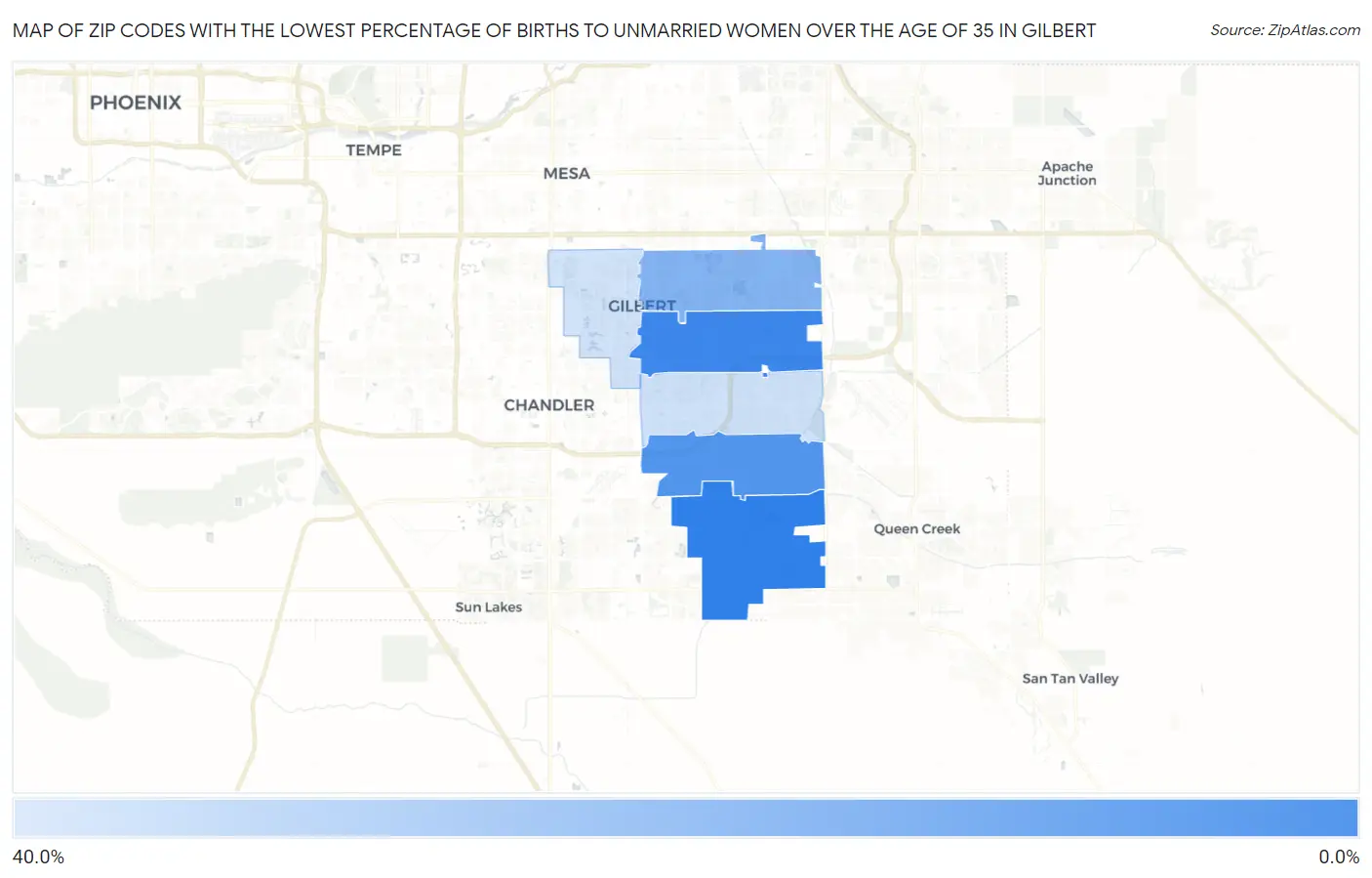Zip Codes with the Lowest Percentage of Births to Unmarried Women over the Age of 35 in Gilbert Map
