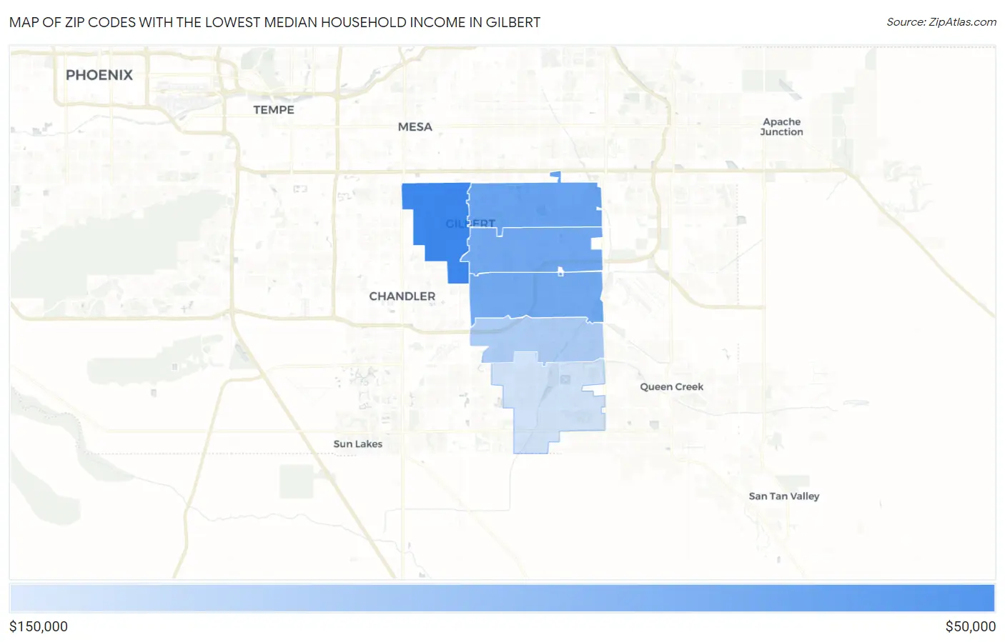Zip Codes with the Lowest Median Household Income in Gilbert Map