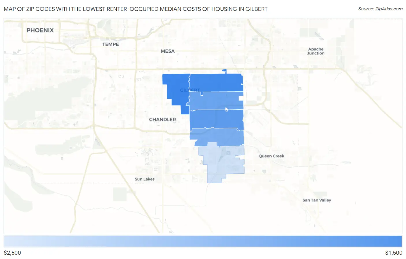 Zip Codes with the Lowest Renter-Occupied Median Costs of Housing in Gilbert Map