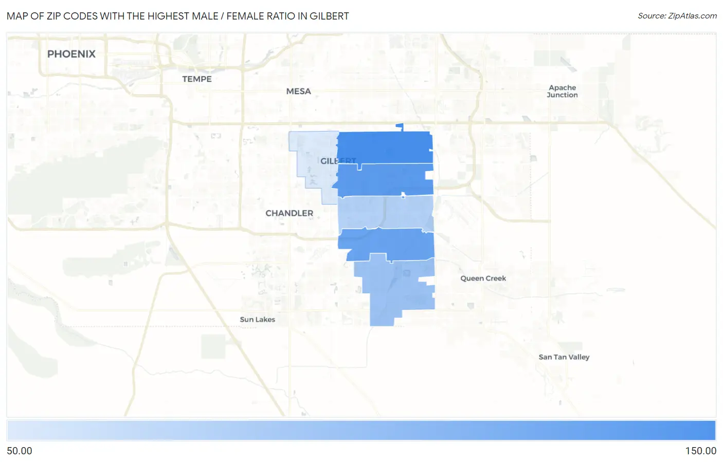 Zip Codes with the Highest Male / Female Ratio in Gilbert Map
