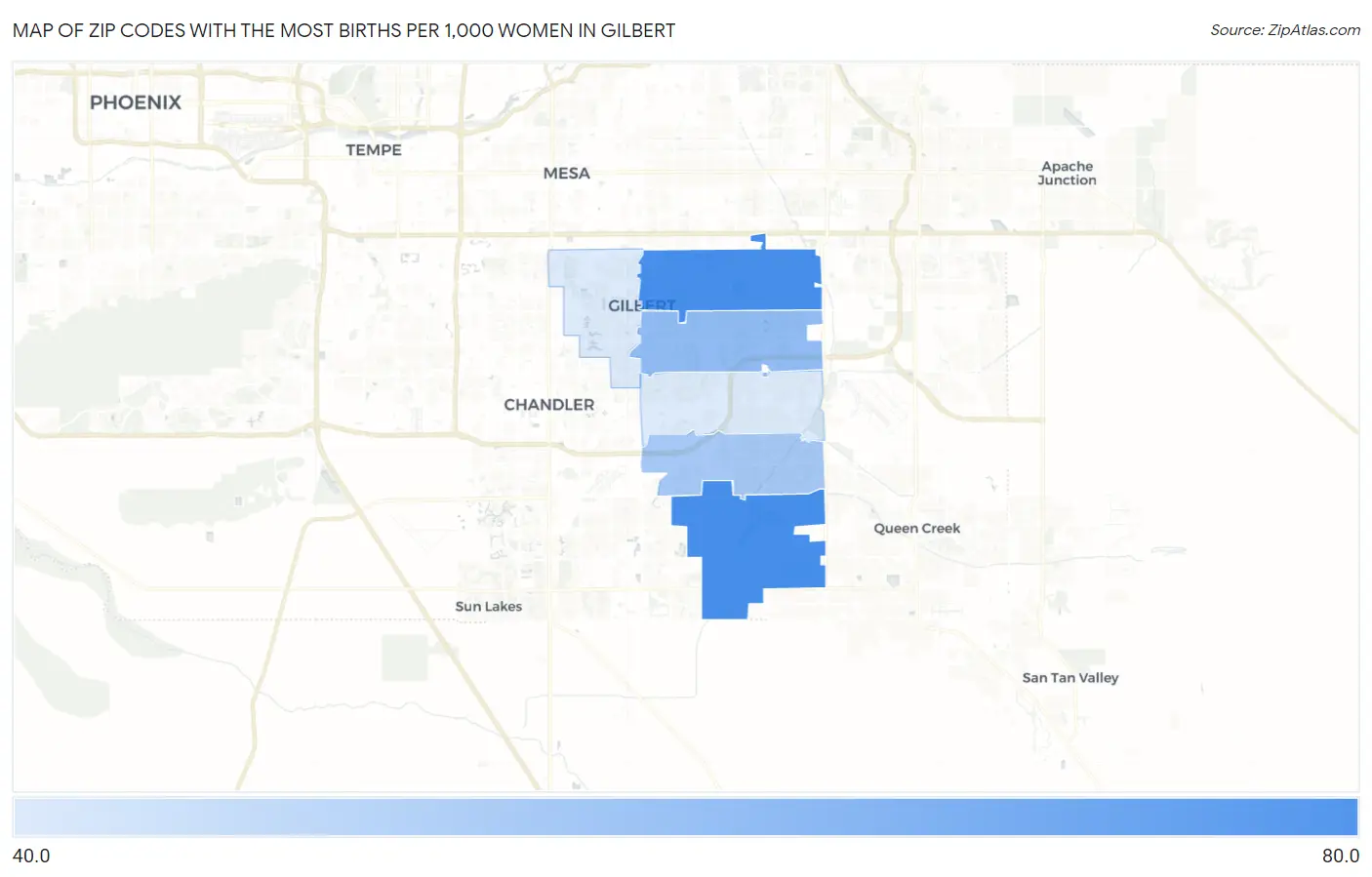 Zip Codes with the Most Births per 1,000 Women in Gilbert Map