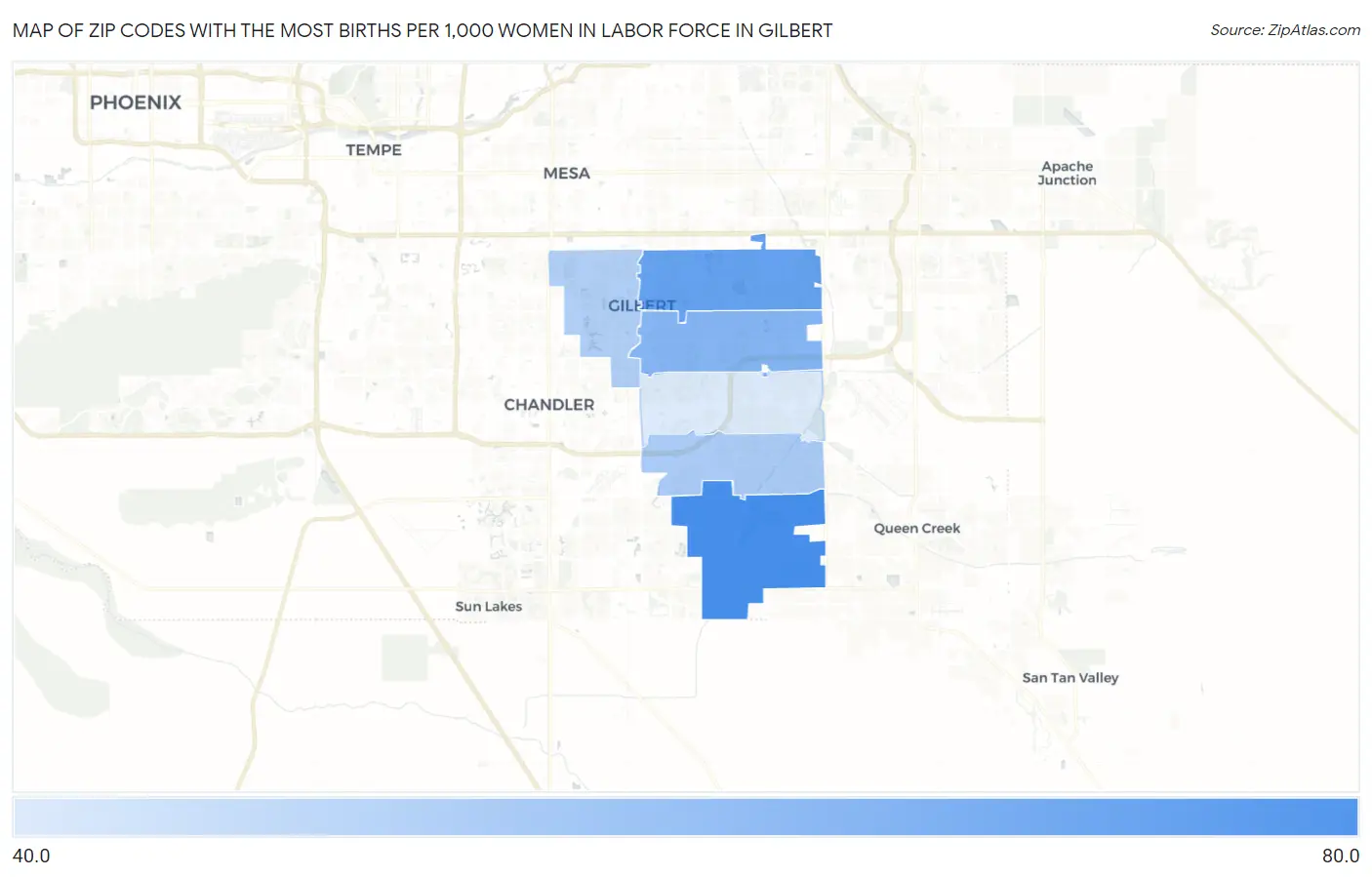 Zip Codes with the Most Births per 1,000 Women in Labor Force in Gilbert Map