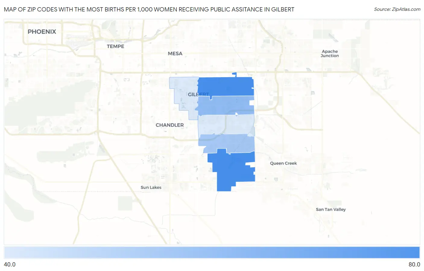 Zip Codes with the Most Births per 1,000 Women Receiving Public Assitance in Gilbert Map