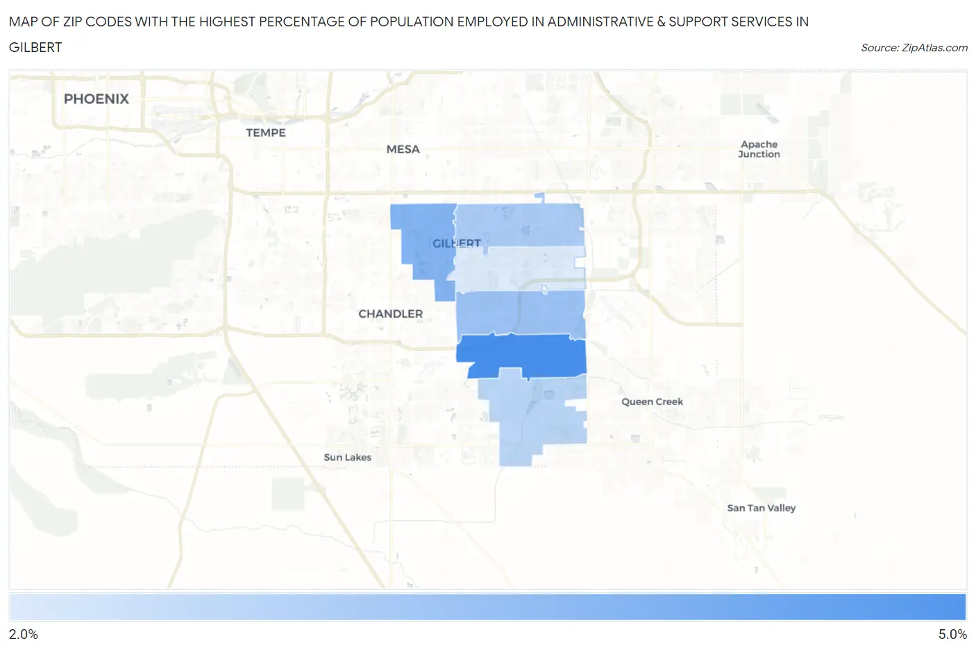 Zip Codes with the Highest Percentage of Population Employed in Administrative & Support Services in Gilbert Map