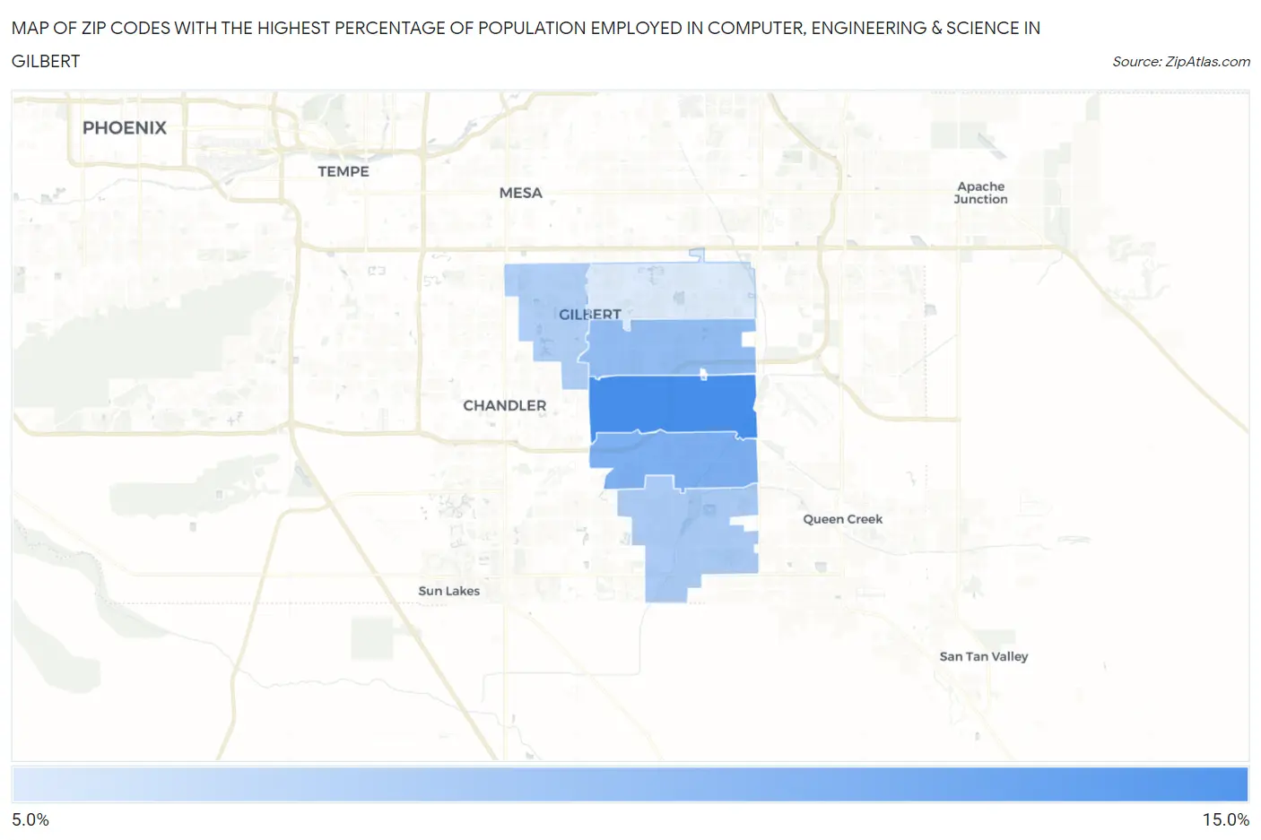 Zip Codes with the Highest Percentage of Population Employed in Computer, Engineering & Science in Gilbert Map