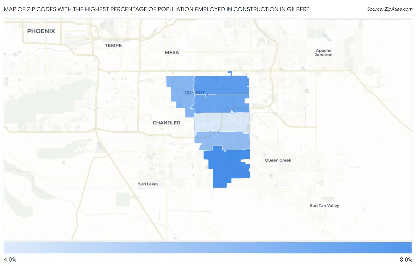 Zip Codes with the Highest Percentage of Population Employed in Construction in Gilbert Map