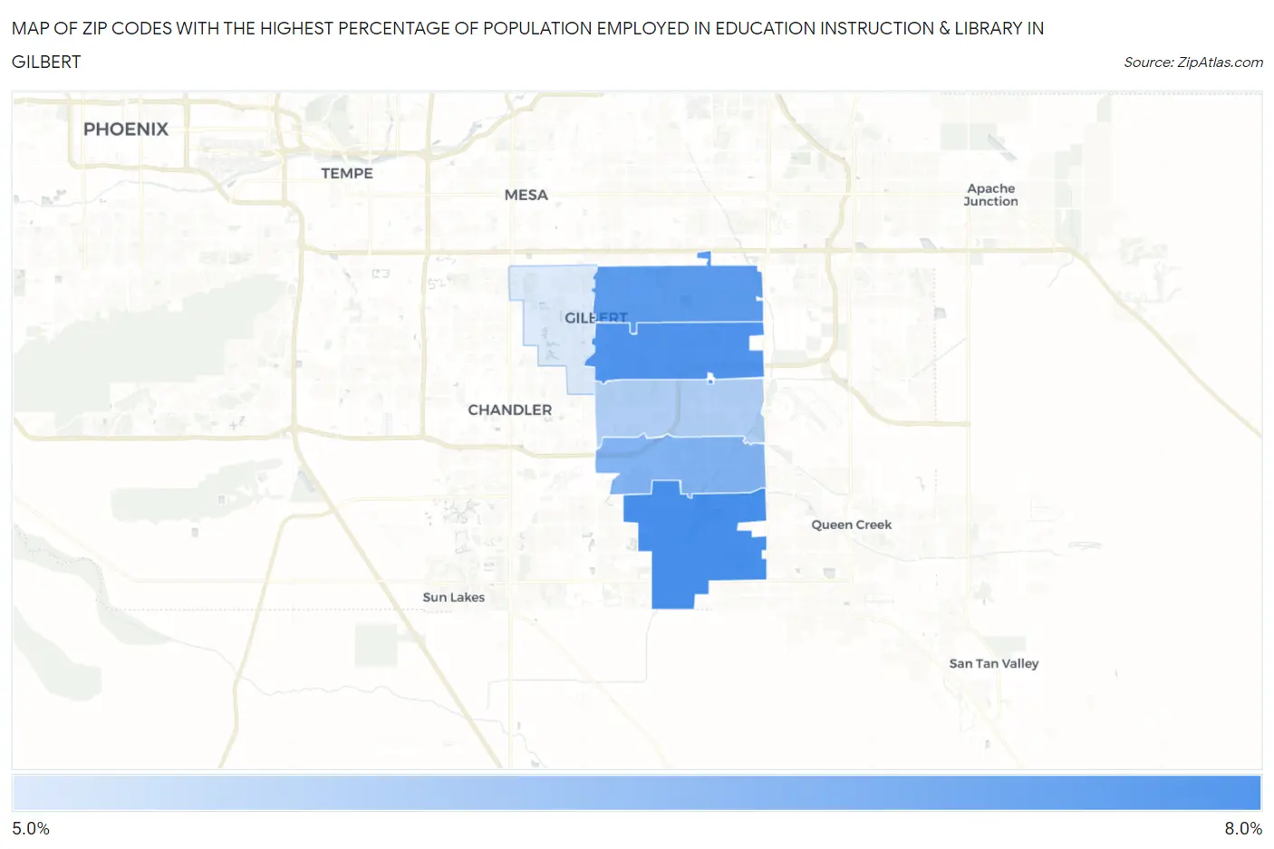Zip Codes with the Highest Percentage of Population Employed in Education Instruction & Library in Gilbert Map