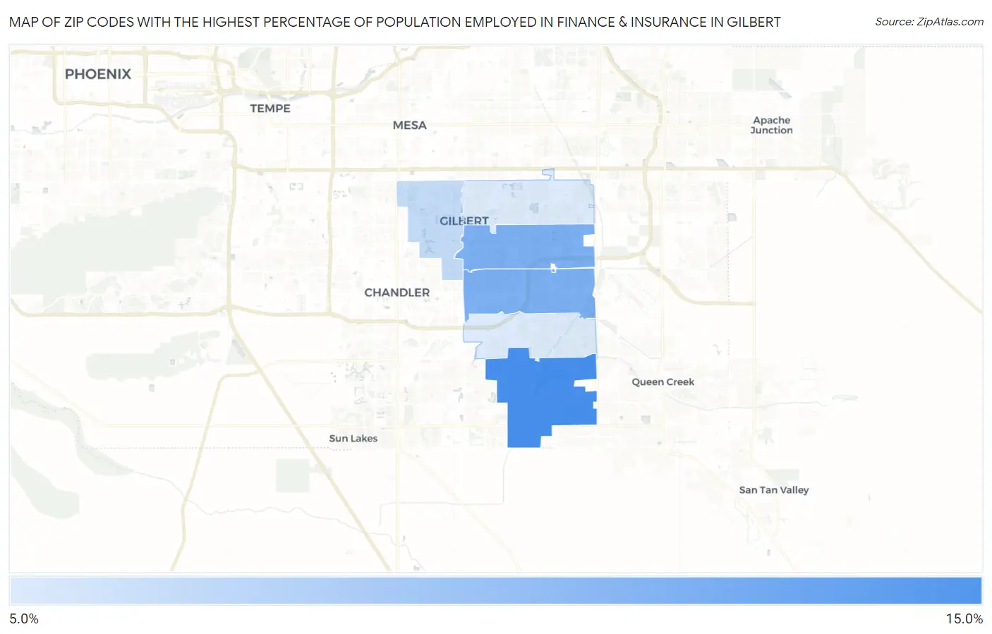 Zip Codes with the Highest Percentage of Population Employed in Finance & Insurance in Gilbert Map