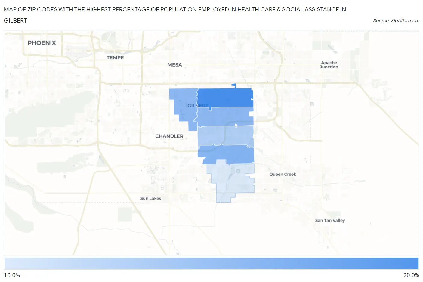 Zip Codes with the Highest Percentage of Population Employed in Health Care & Social Assistance in Gilbert Map