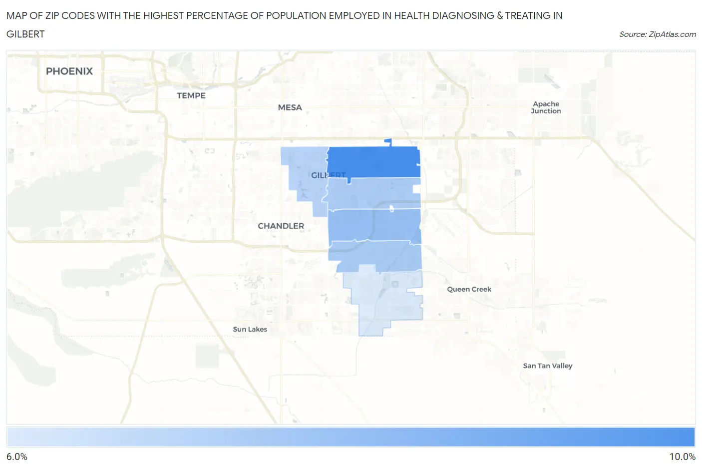 Zip Codes with the Highest Percentage of Population Employed in Health Diagnosing & Treating in Gilbert Map