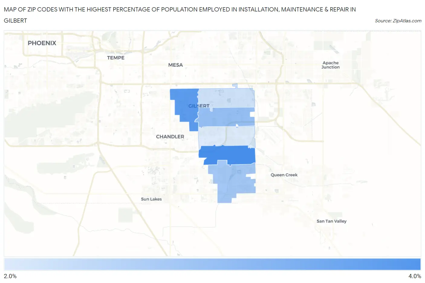 Zip Codes with the Highest Percentage of Population Employed in Installation, Maintenance & Repair in Gilbert Map