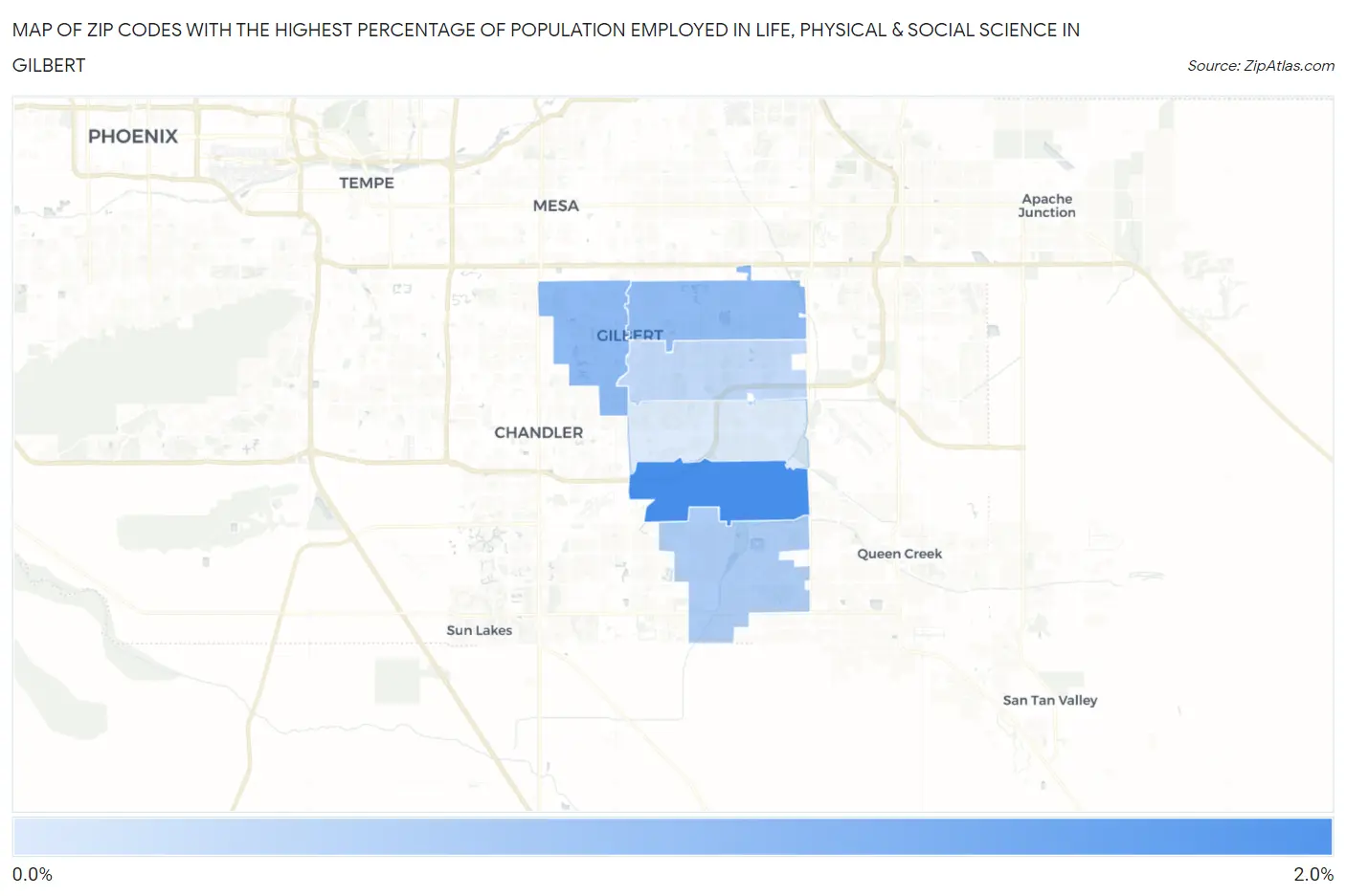 Zip Codes with the Highest Percentage of Population Employed in Life, Physical & Social Science in Gilbert Map