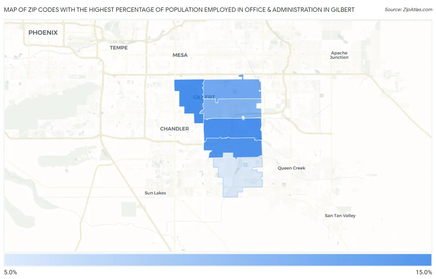 Zip Codes with the Highest Percentage of Population Employed in Office & Administration in Gilbert Map