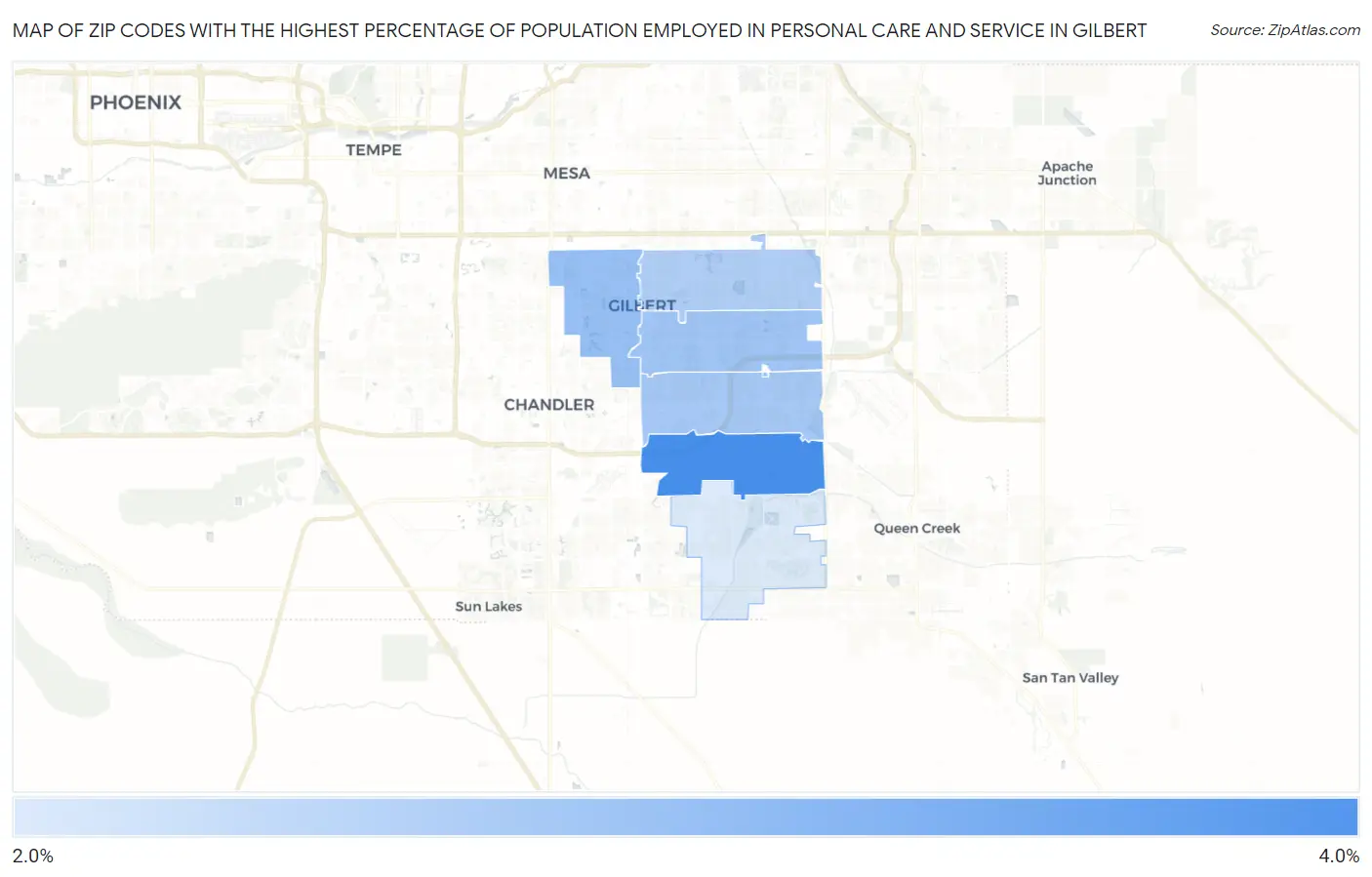 Zip Codes with the Highest Percentage of Population Employed in Personal Care and Service in Gilbert Map
