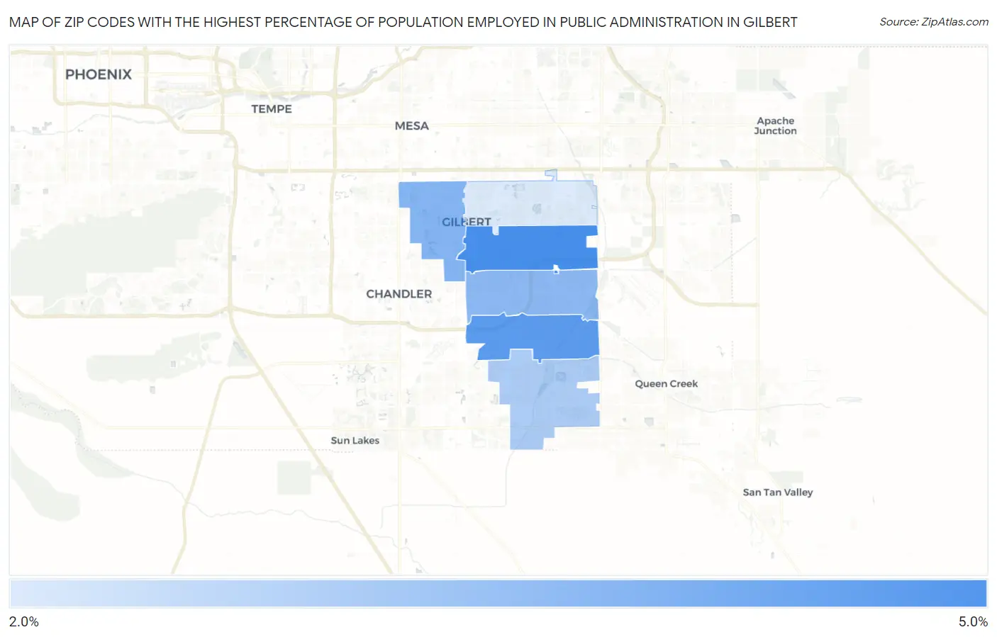 Zip Codes with the Highest Percentage of Population Employed in Public Administration in Gilbert Map