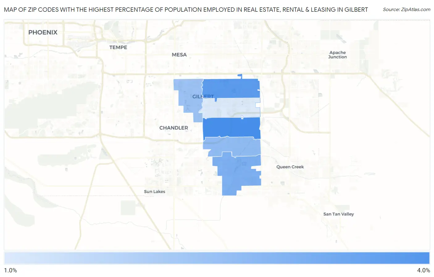 Zip Codes with the Highest Percentage of Population Employed in Real Estate, Rental & Leasing in Gilbert Map