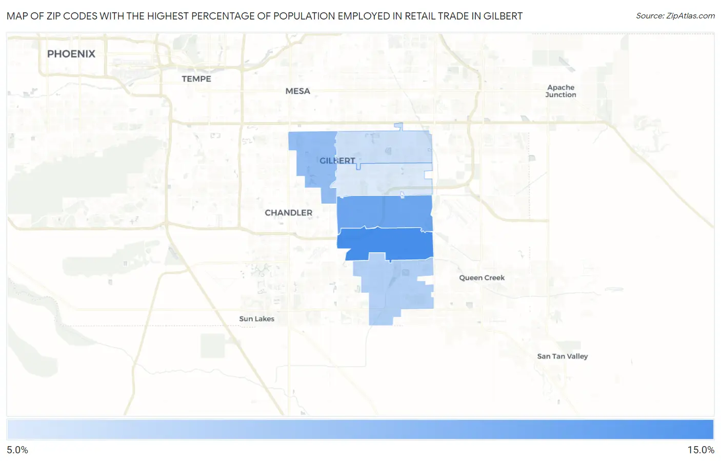 Zip Codes with the Highest Percentage of Population Employed in Retail Trade in Gilbert Map
