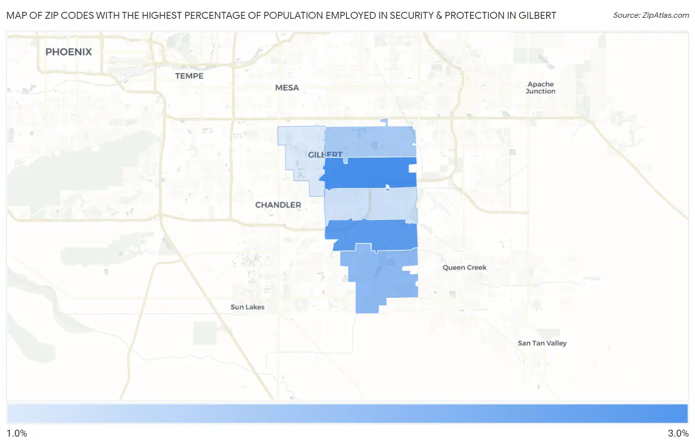 Zip Codes with the Highest Percentage of Population Employed in Security & Protection in Gilbert Map