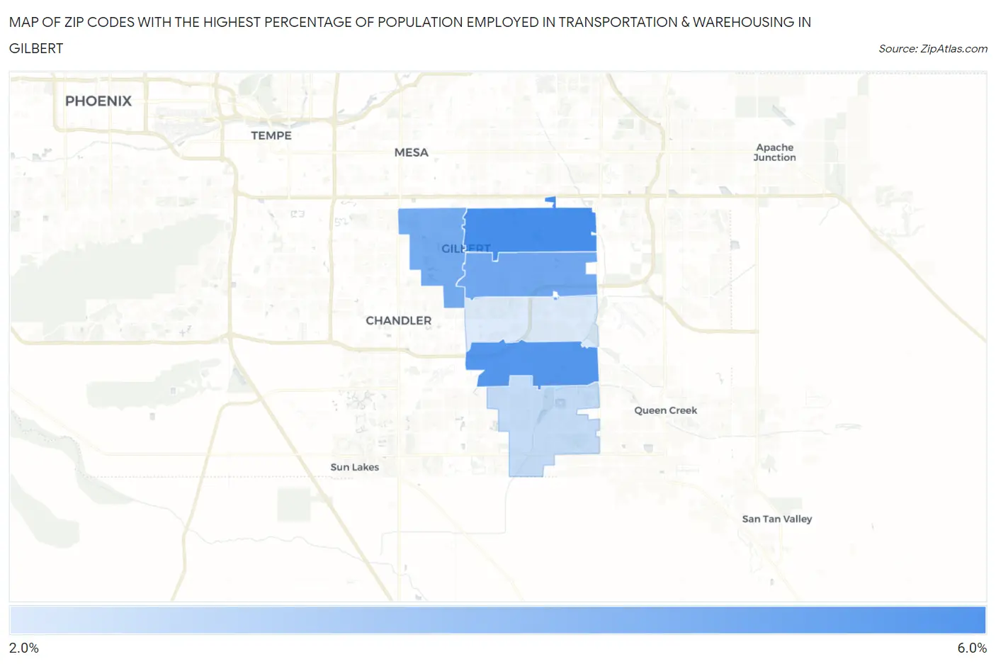 Zip Codes with the Highest Percentage of Population Employed in Transportation & Warehousing in Gilbert Map