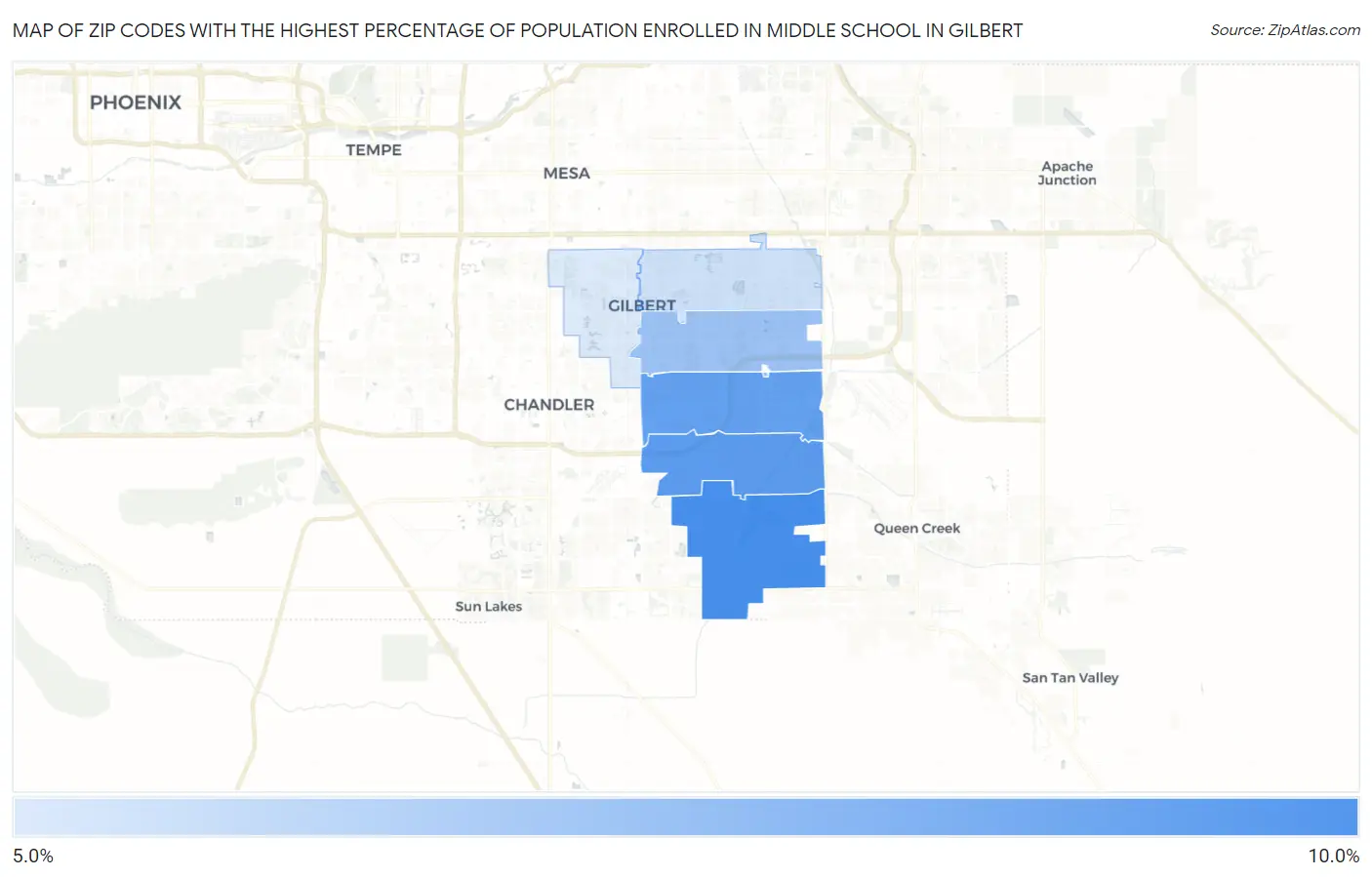 Zip Codes with the Highest Percentage of Population Enrolled in Middle School in Gilbert Map