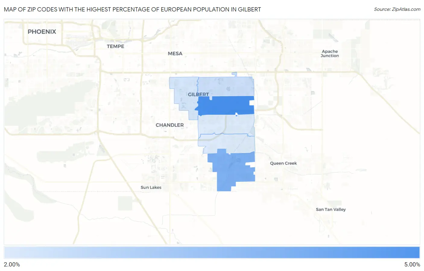 Zip Codes with the Highest Percentage of European Population in Gilbert Map