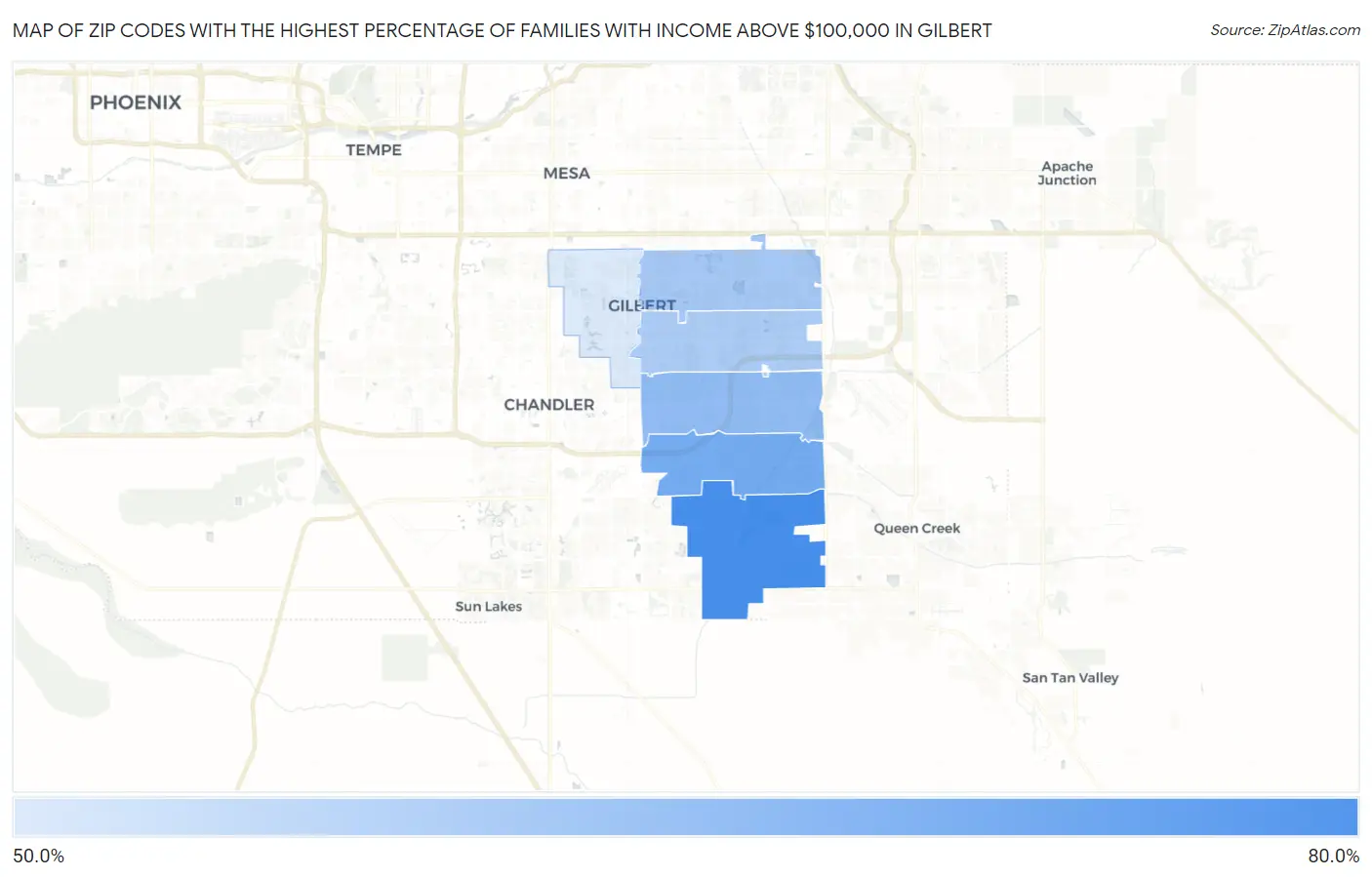 Zip Codes with the Highest Percentage of Families with Income Above $100,000 in Gilbert Map