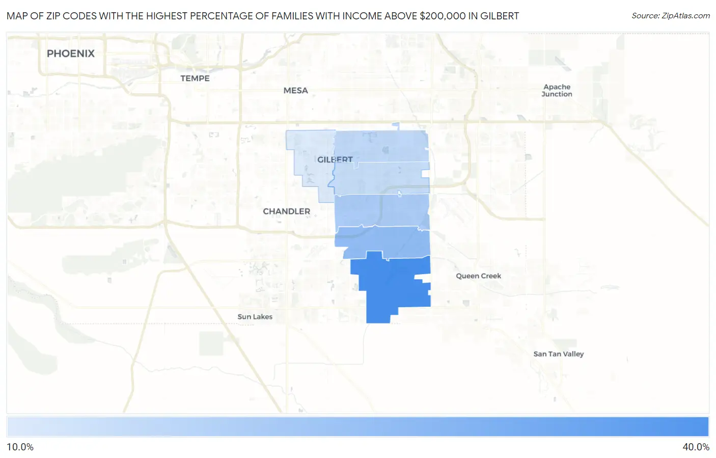 Zip Codes with the Highest Percentage of Families with Income Above $200,000 in Gilbert Map