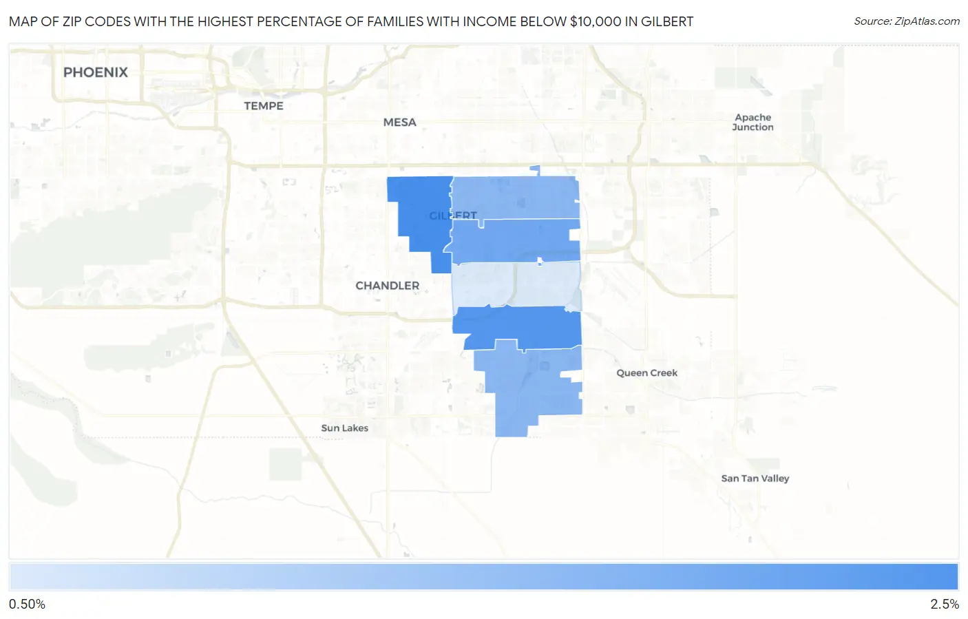 Zip Codes with the Highest Percentage of Families with Income Below $10,000 in Gilbert Map