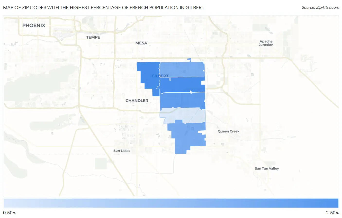 Zip Codes with the Highest Percentage of French Population in Gilbert Map