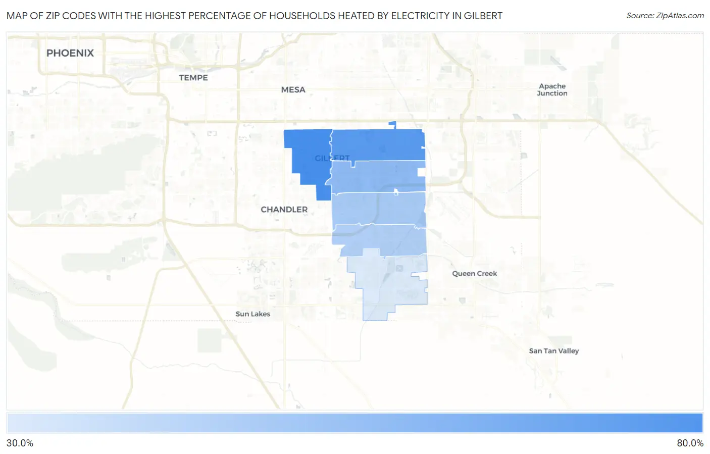 Zip Codes with the Highest Percentage of Households Heated by Electricity in Gilbert Map