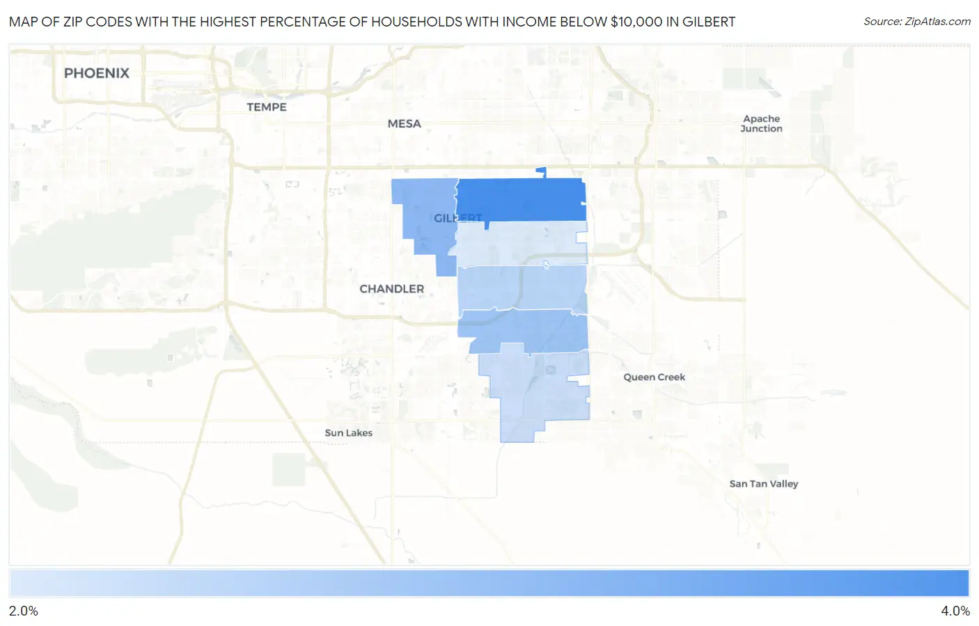 Zip Codes with the Highest Percentage of Households with Income Below $10,000 in Gilbert Map