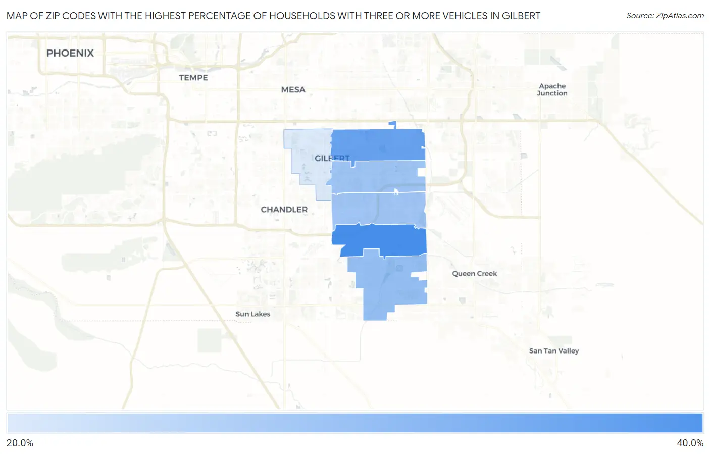 Zip Codes with the Highest Percentage of Households With Three or more Vehicles in Gilbert Map