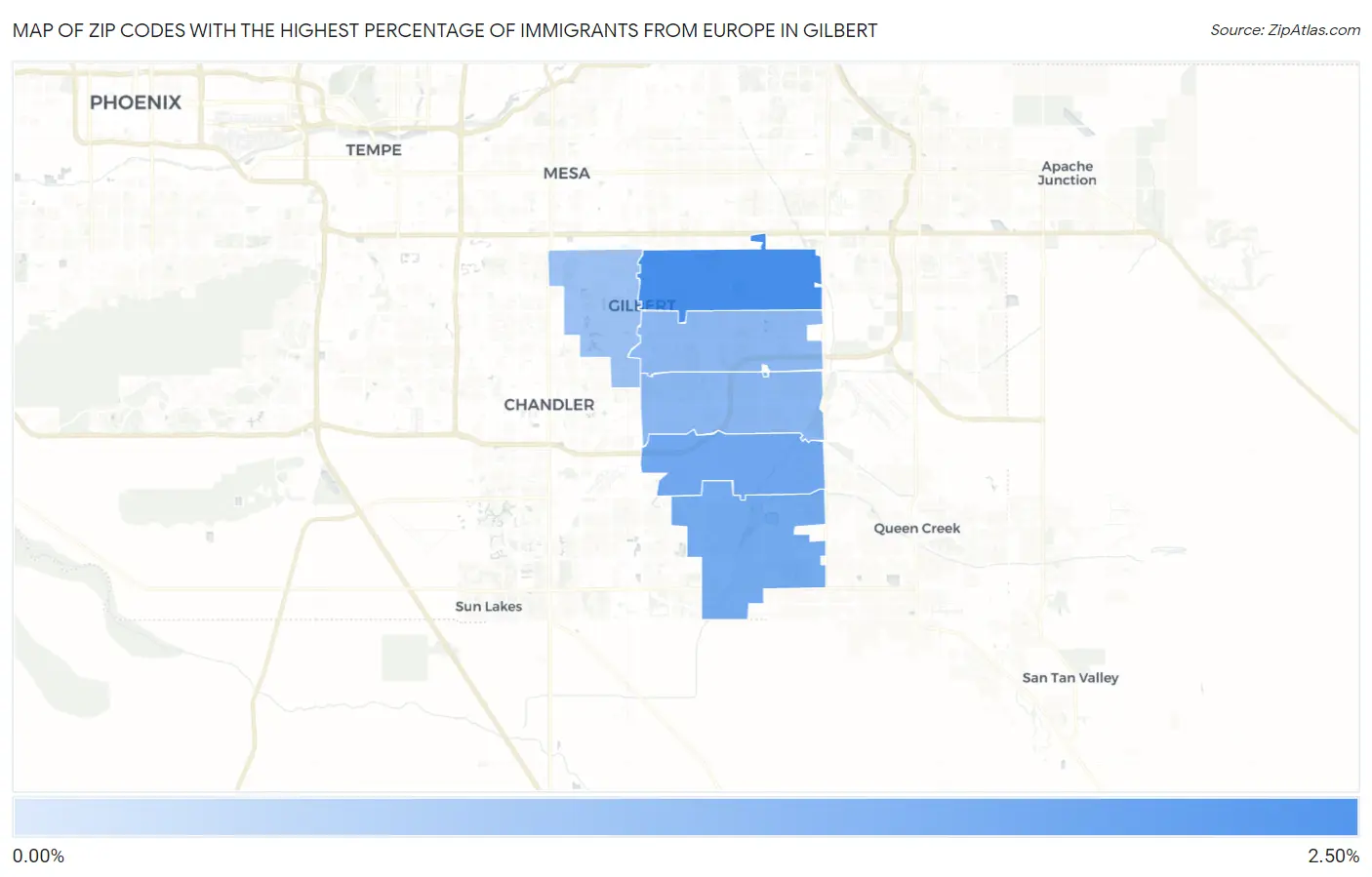 Zip Codes with the Highest Percentage of Immigrants from Europe in Gilbert Map