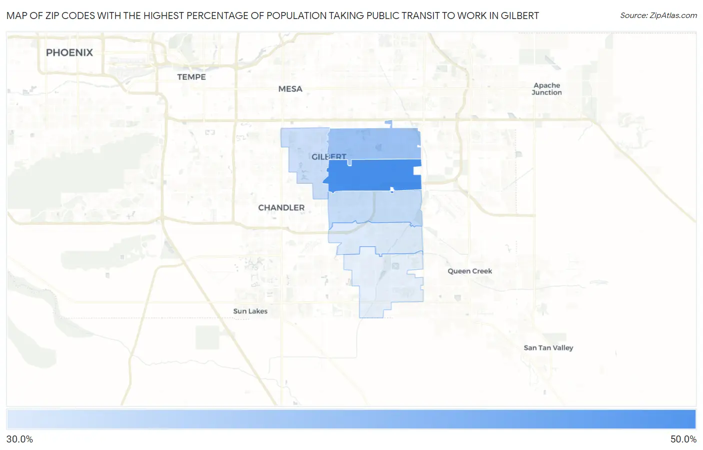 Zip Codes with the Highest Percentage of Population Taking Public Transit to Work in Gilbert Map