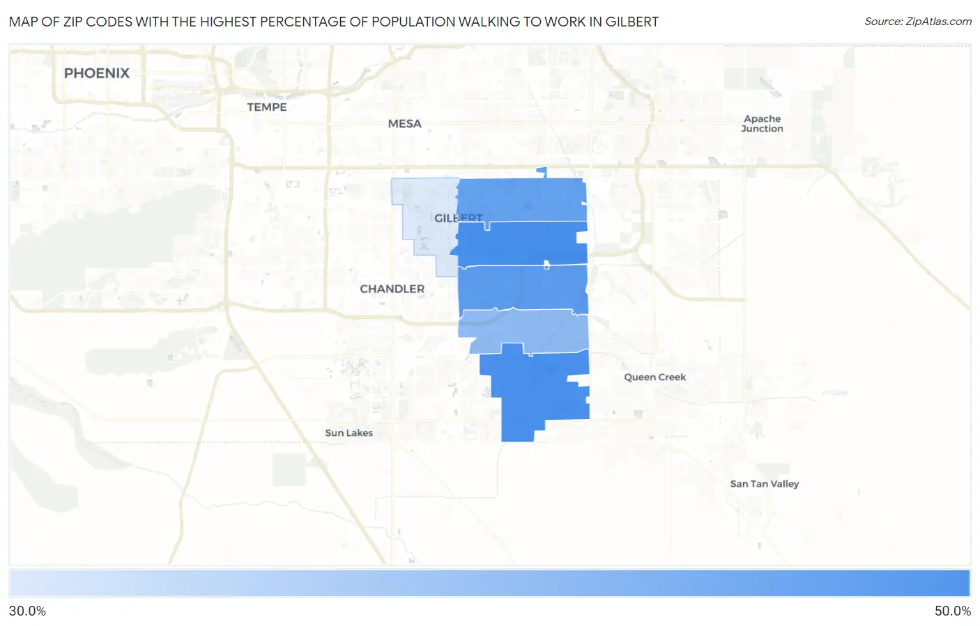 Zip Codes with the Highest Percentage of Population Walking to Work in Gilbert Map