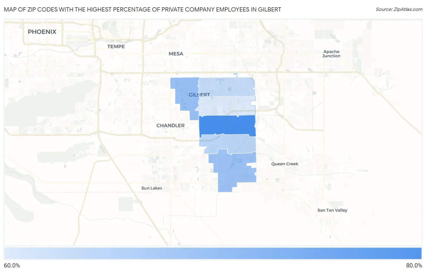 Zip Codes with the Highest Percentage of Private Company Employees in Gilbert Map