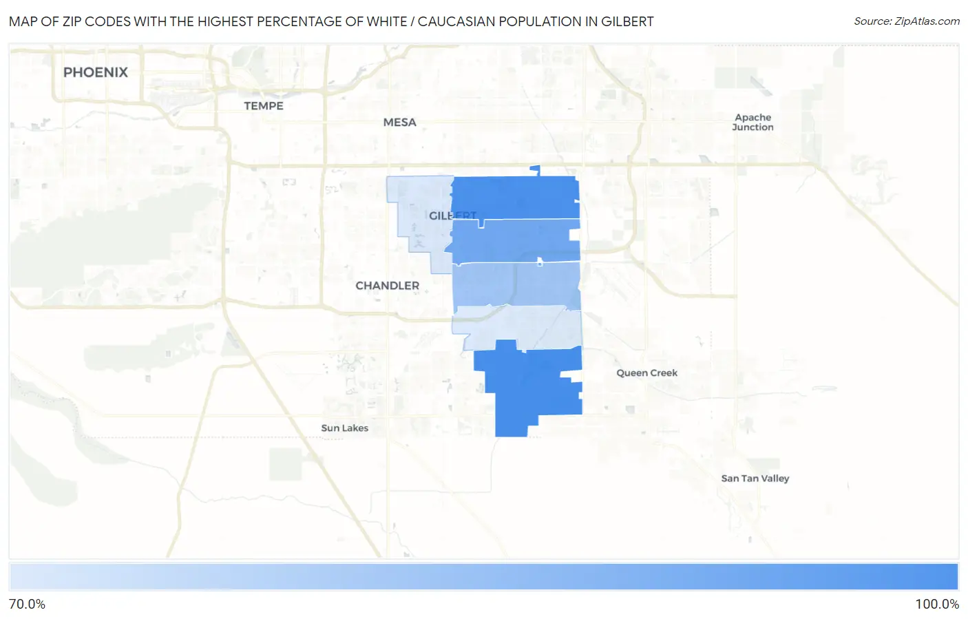 Zip Codes with the Highest Percentage of White / Caucasian Population in Gilbert Map