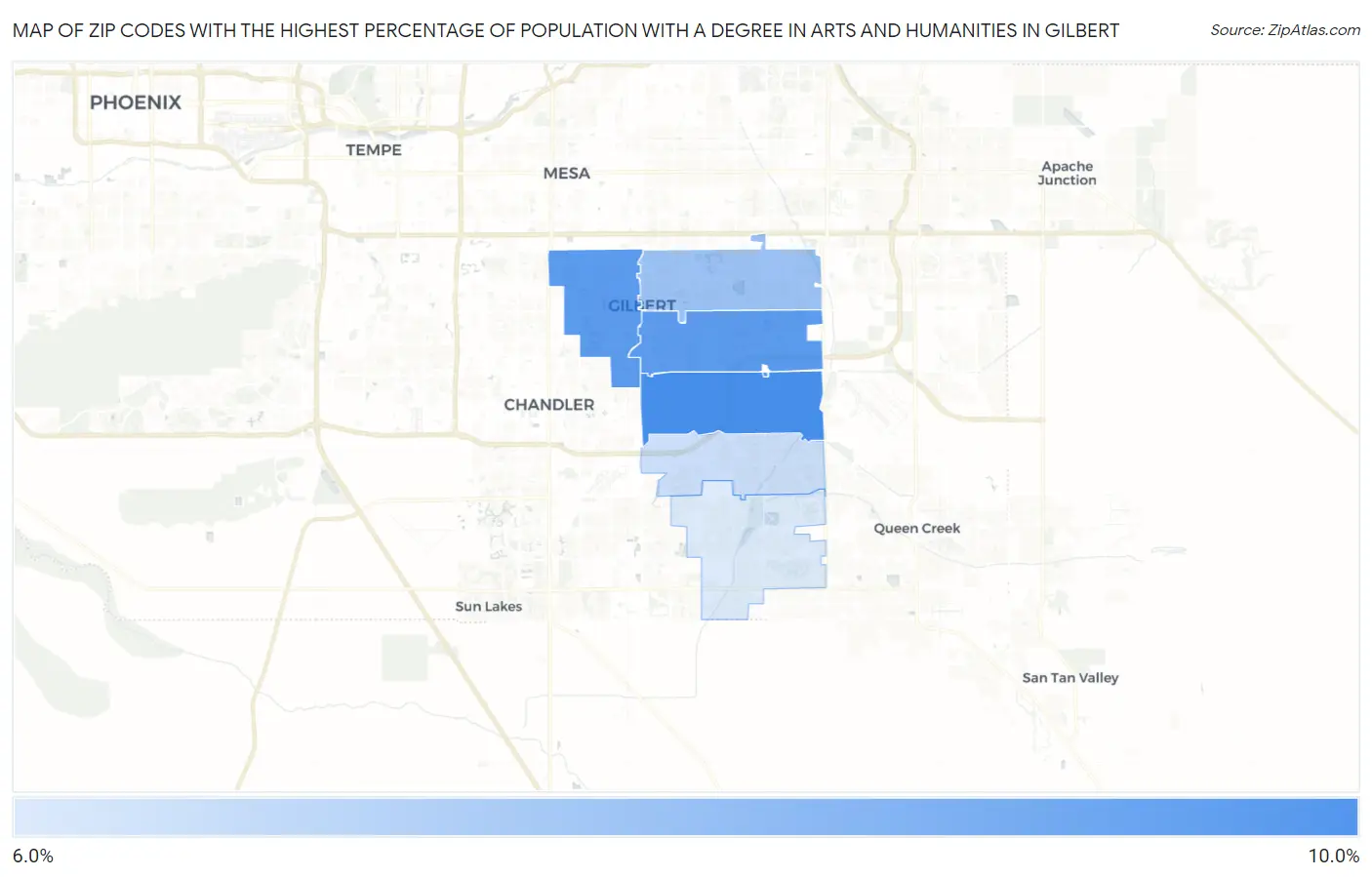 Zip Codes with the Highest Percentage of Population with a Degree in Arts and Humanities in Gilbert Map