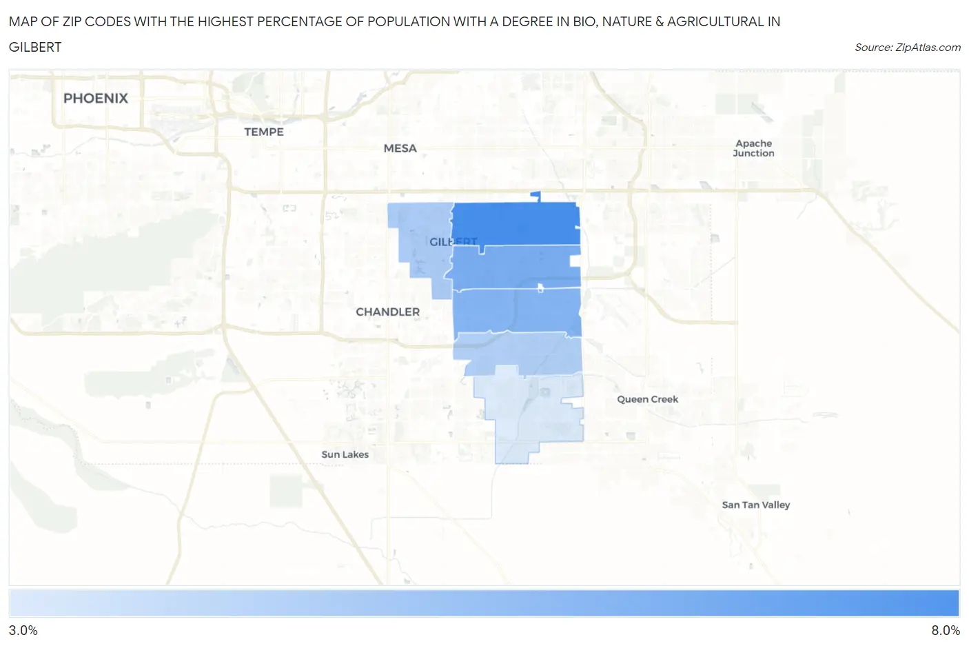 Zip Codes with the Highest Percentage of Population with a Degree in Bio, Nature & Agricultural in Gilbert Map