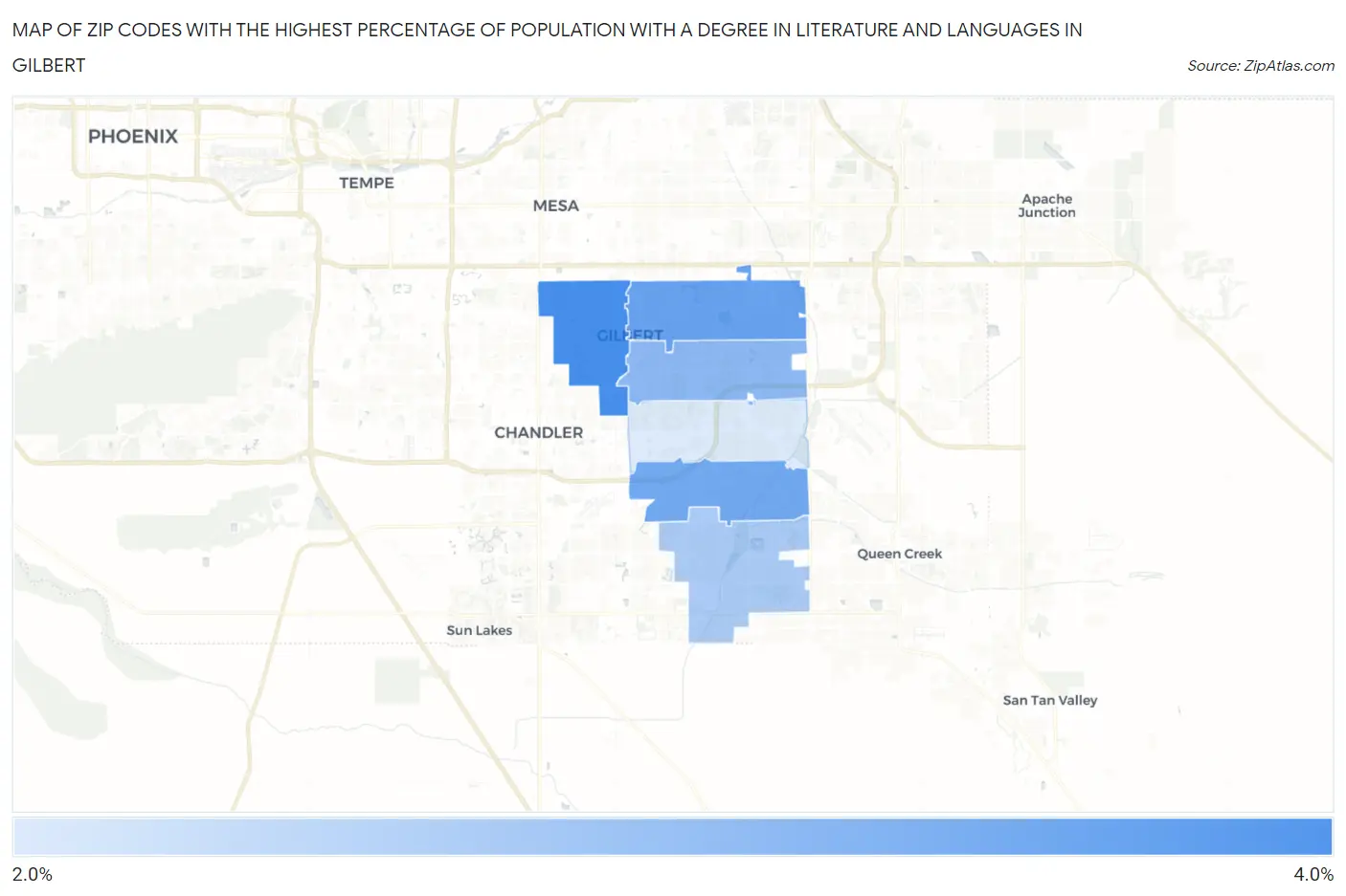 Zip Codes with the Highest Percentage of Population with a Degree in Literature and Languages in Gilbert Map