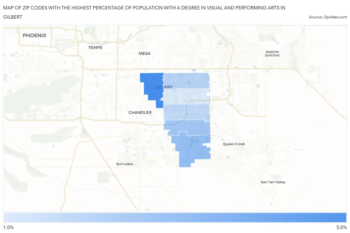 Zip Codes with the Highest Percentage of Population with a Degree in Visual and Performing Arts in Gilbert Map