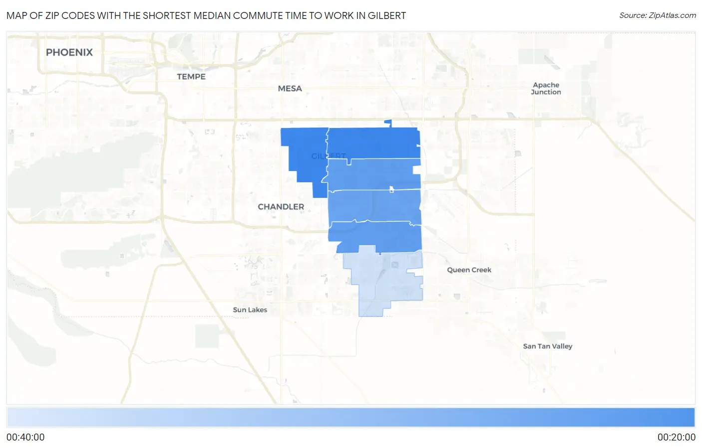 Zip Codes with the Shortest Median Commute Time to Work in Gilbert Map