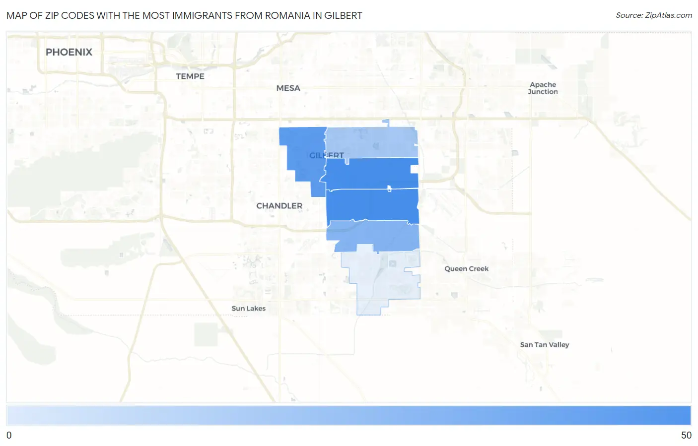 Zip Codes with the Most Immigrants from Romania in Gilbert Map