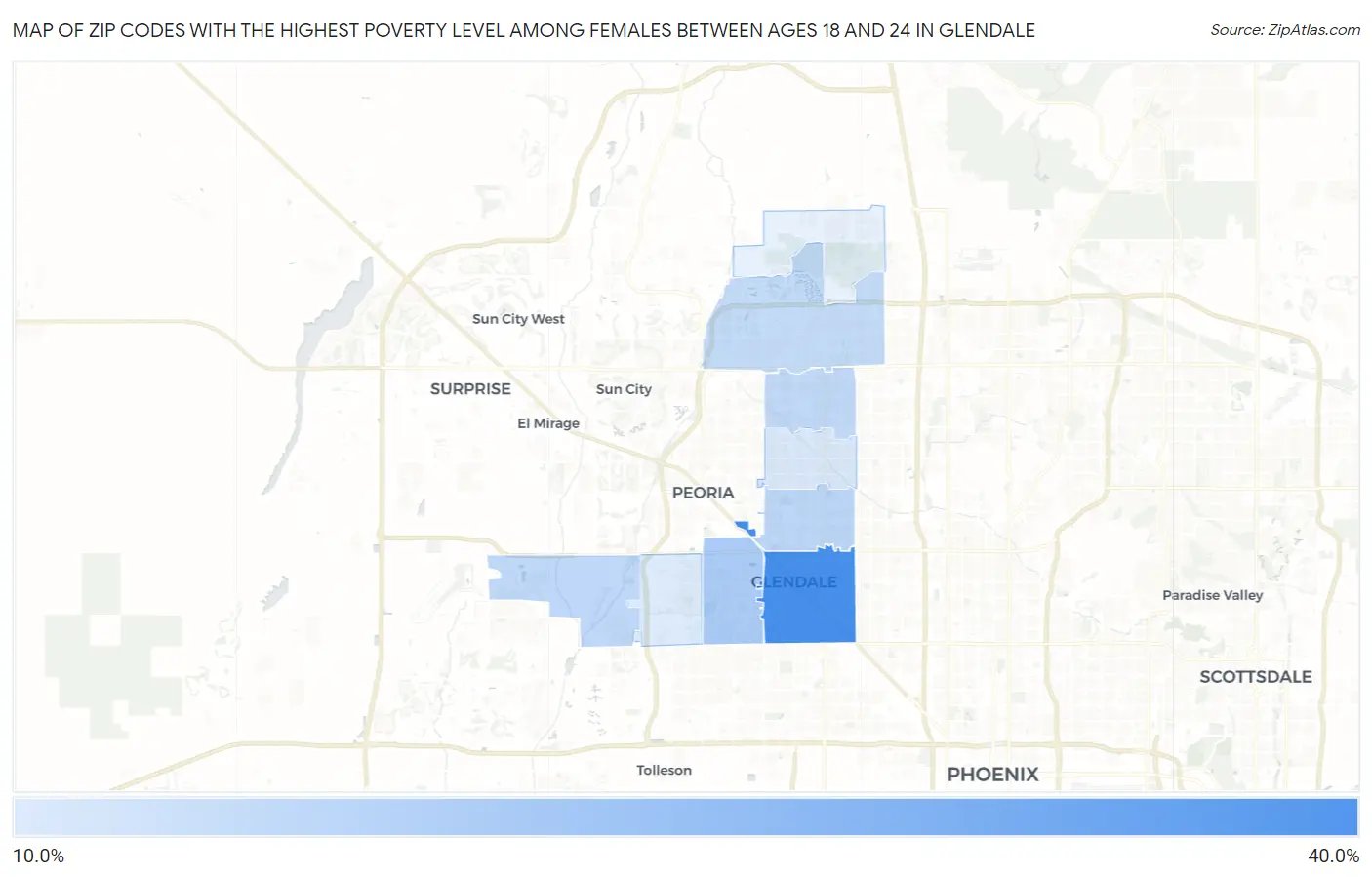 Zip Codes with the Highest Poverty Level Among Females Between Ages 18 and 24 in Glendale Map