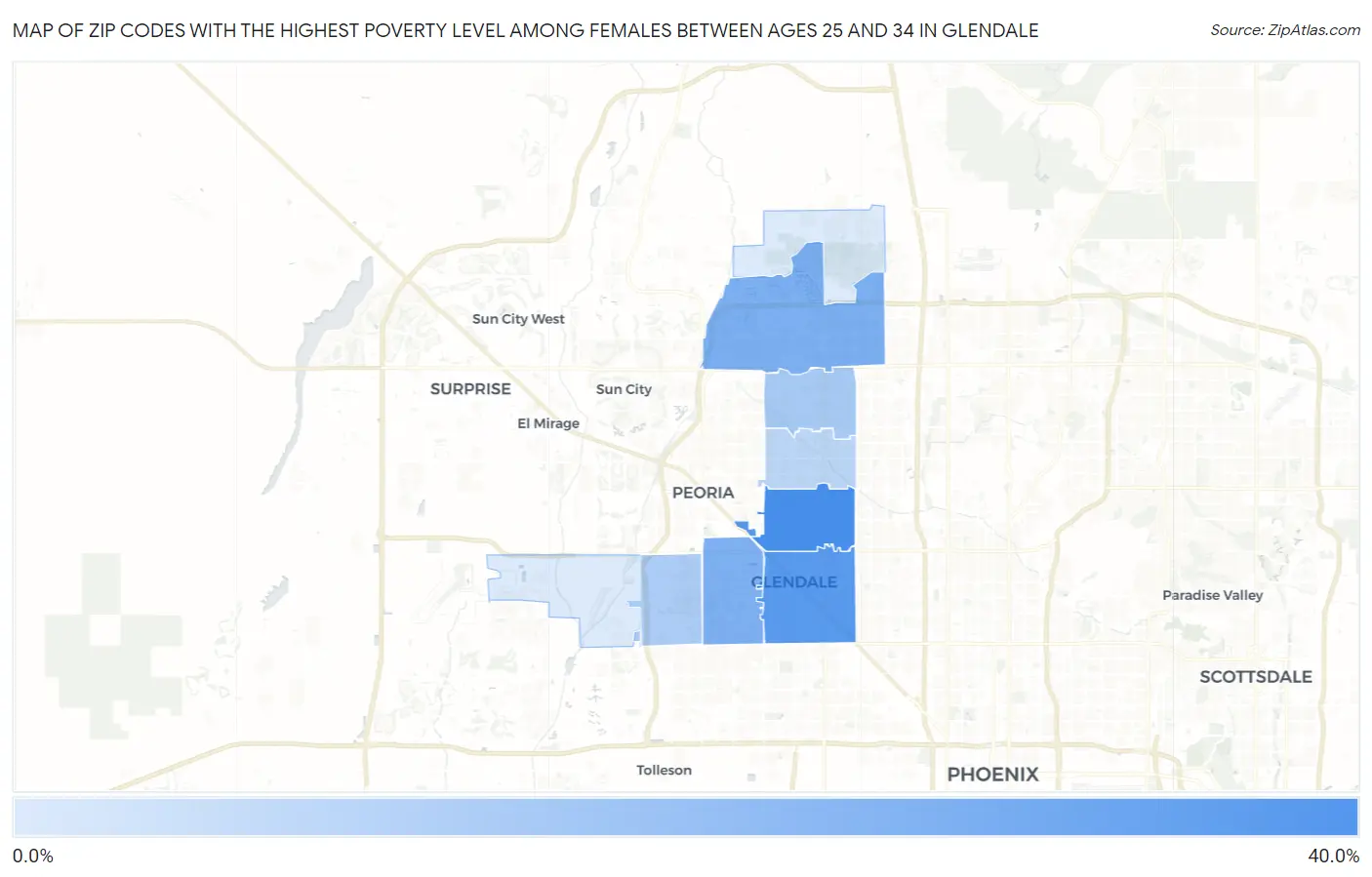 Zip Codes with the Highest Poverty Level Among Females Between Ages 25 and 34 in Glendale Map